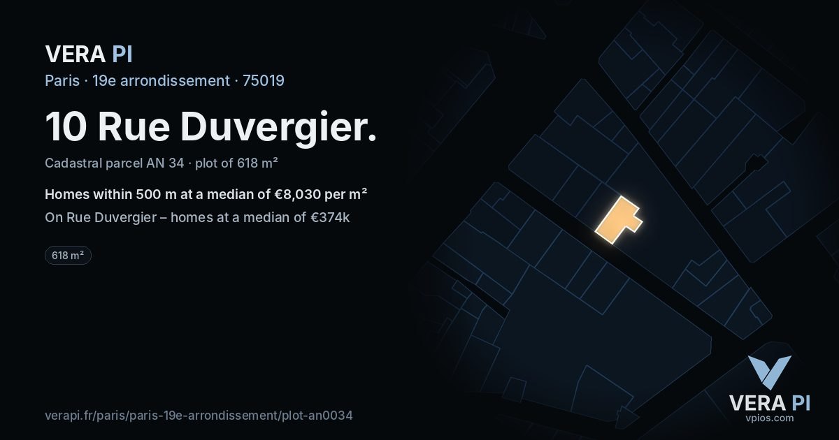 10 Rue Duvergier, 19e arrondissement at night – the plot lit, the parcels around coloured by the prices near them