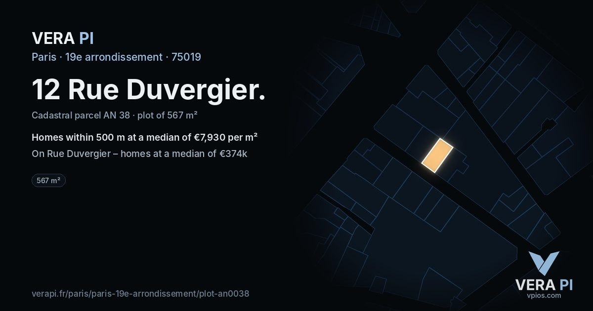 12 Rue Duvergier, 19e arrondissement at night – the plot lit, the parcels around coloured by the prices near them