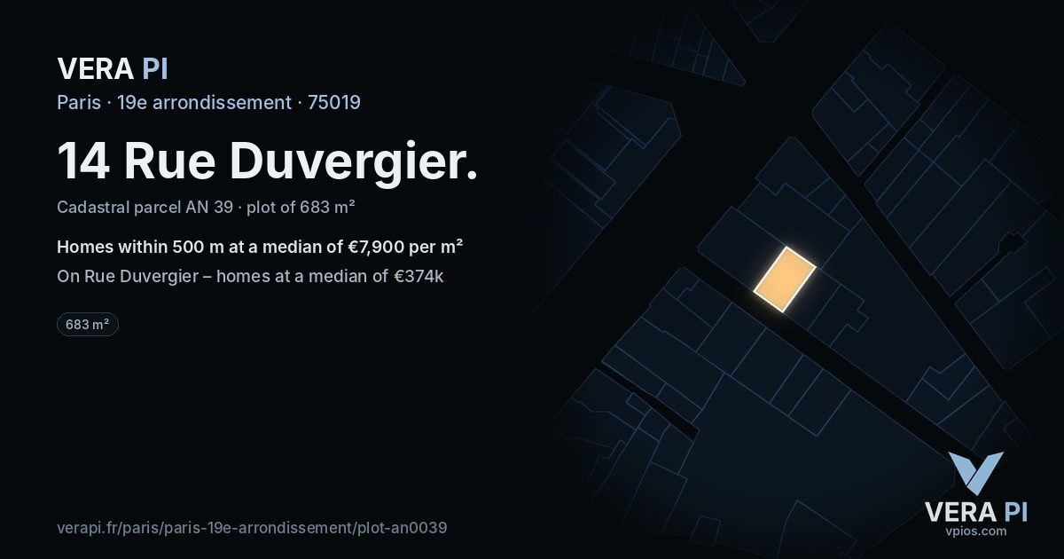 14 Rue Duvergier, 19e arrondissement at night – the plot lit, the parcels around coloured by the prices near them