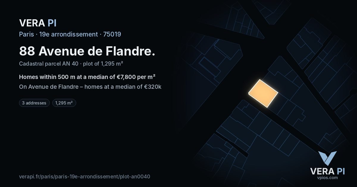 88 Avenue de Flandre, 19e arrondissement at night – the plot lit, the parcels around coloured by the prices near them