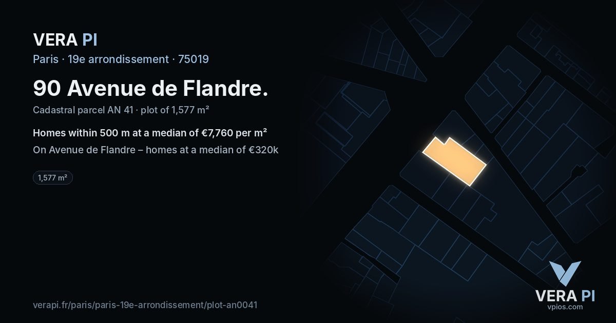 90 Avenue de Flandre, 19e arrondissement at night – the plot lit, the parcels around coloured by the prices near them