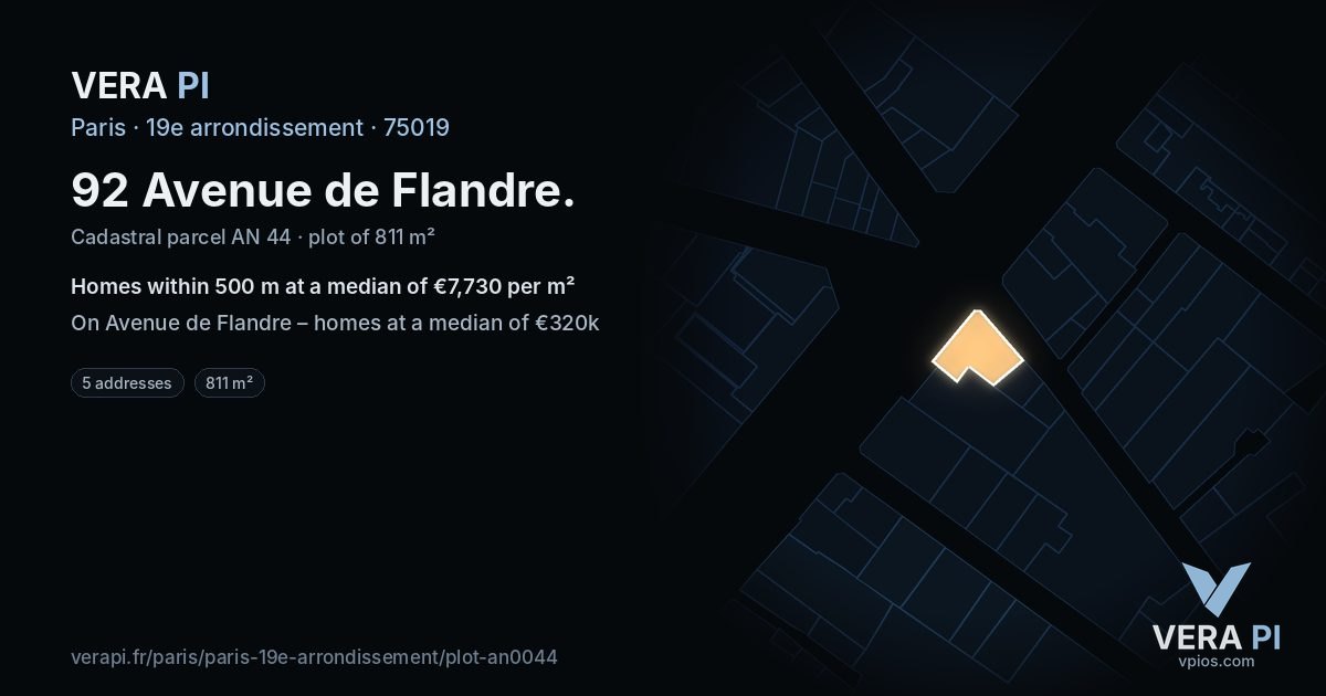 92 Avenue de Flandre, 19e arrondissement at night – the plot lit, the parcels around coloured by the prices near them