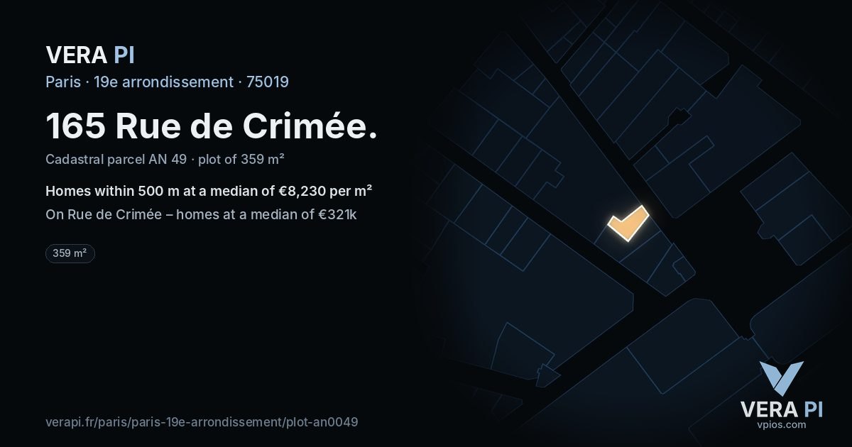 165 Rue de Crimée, 19e arrondissement at night – the plot lit, the parcels around coloured by the prices near them