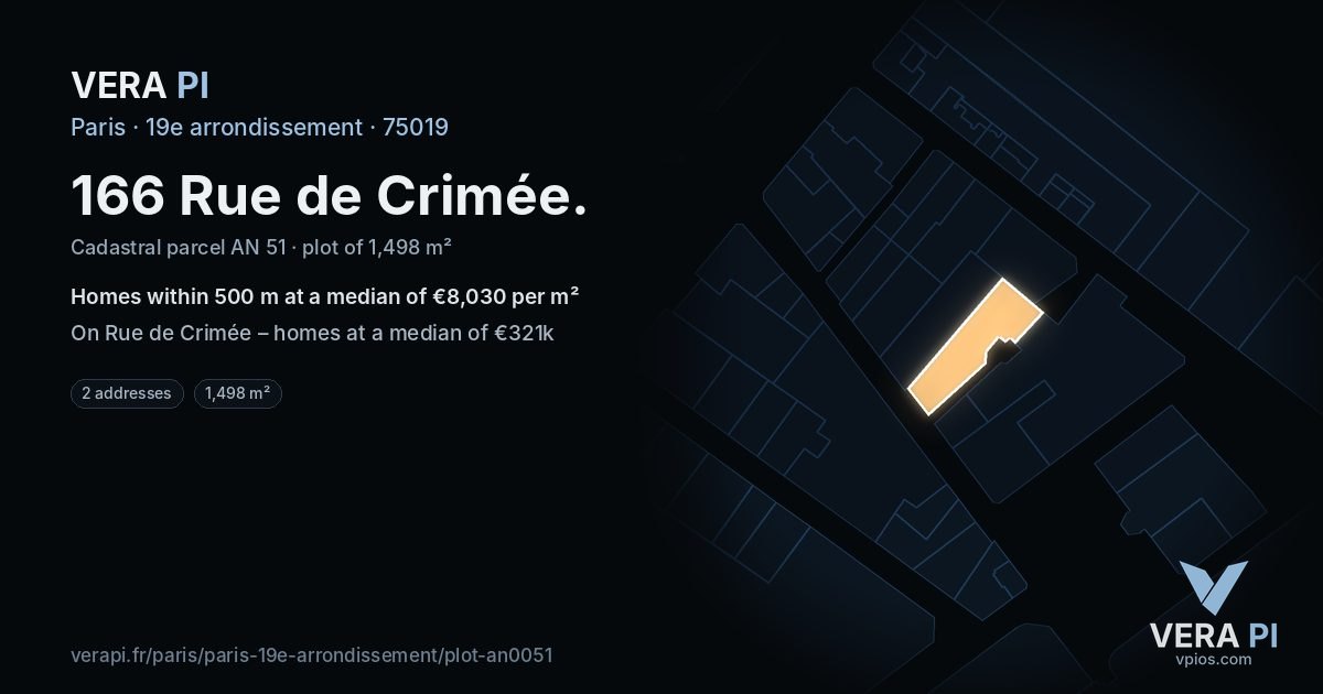 166 Rue de Crimée, 19e arrondissement at night – the plot lit, the parcels around coloured by the prices near them