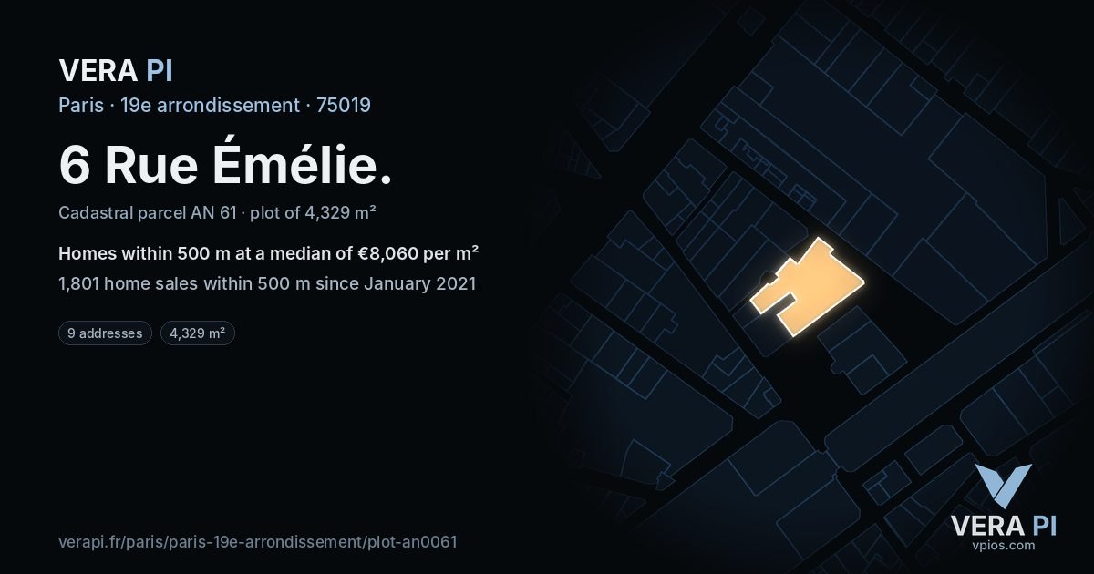 6 Rue Émélie, 19e arrondissement at night – the plot lit, the parcels around coloured by the prices near them