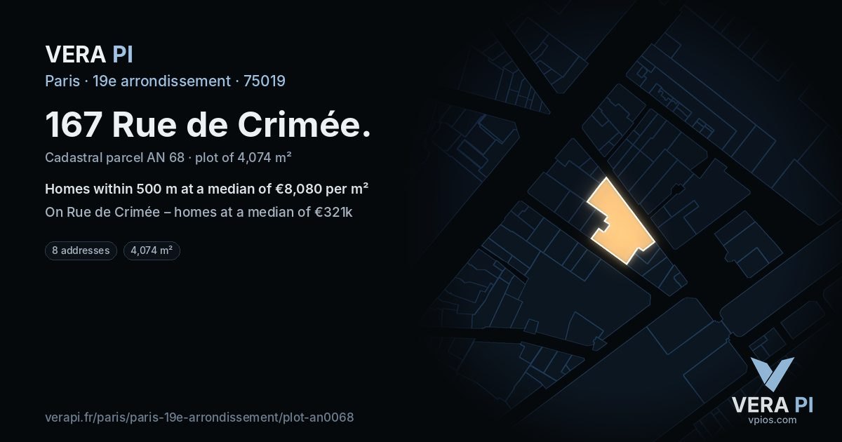 167 Rue de Crimée, 19e arrondissement at night – the plot lit, the parcels around coloured by the prices near them