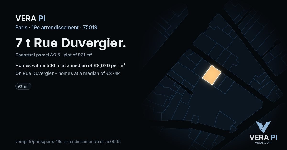 7 t Rue Duvergier, 19e arrondissement at night – the plot lit, the parcels around coloured by the prices near them
