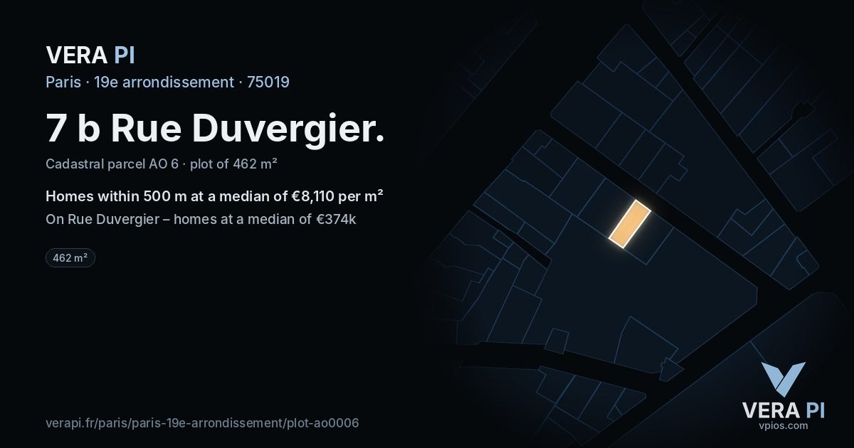 7 b Rue Duvergier, 19e arrondissement at night – the plot lit, the parcels around coloured by the prices near them