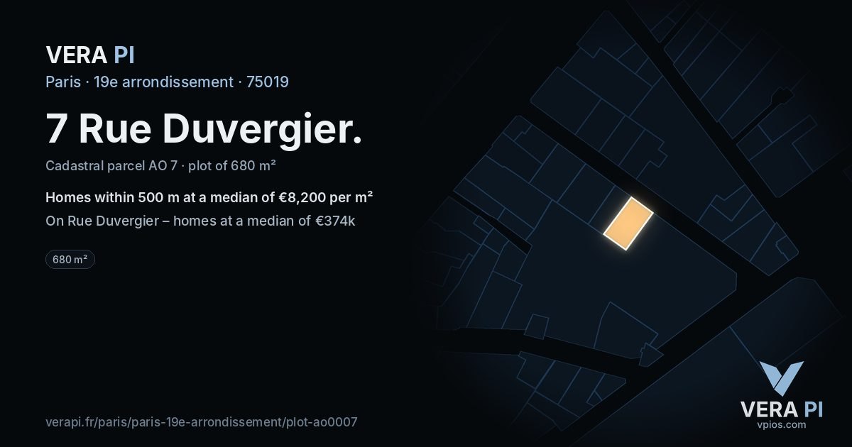 7 Rue Duvergier, 19e arrondissement at night – the plot lit, the parcels around coloured by the prices near them