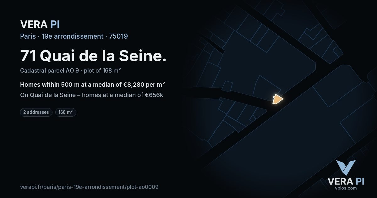 71 Quai de la Seine, 19e arrondissement at night – the plot lit, the parcels around coloured by the prices near them