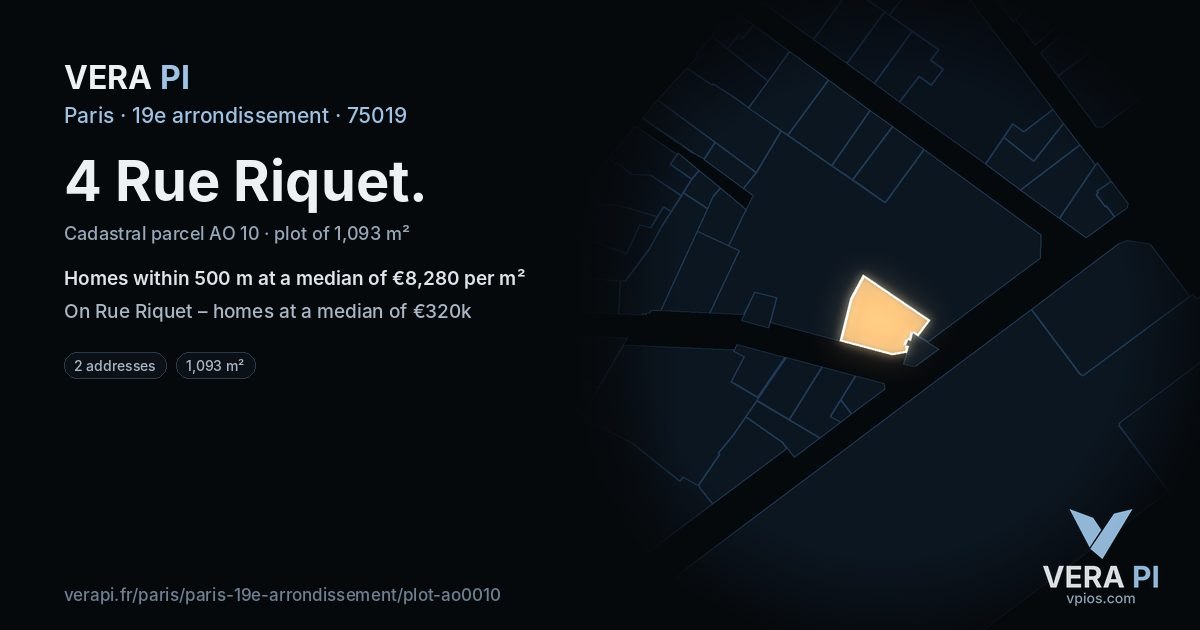 4 Rue Riquet, 19e arrondissement at night – the plot lit, the parcels around coloured by the prices near them