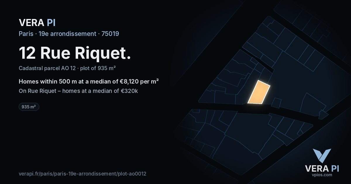12 Rue Riquet, 19e arrondissement at night – the plot lit, the parcels around coloured by the prices near them