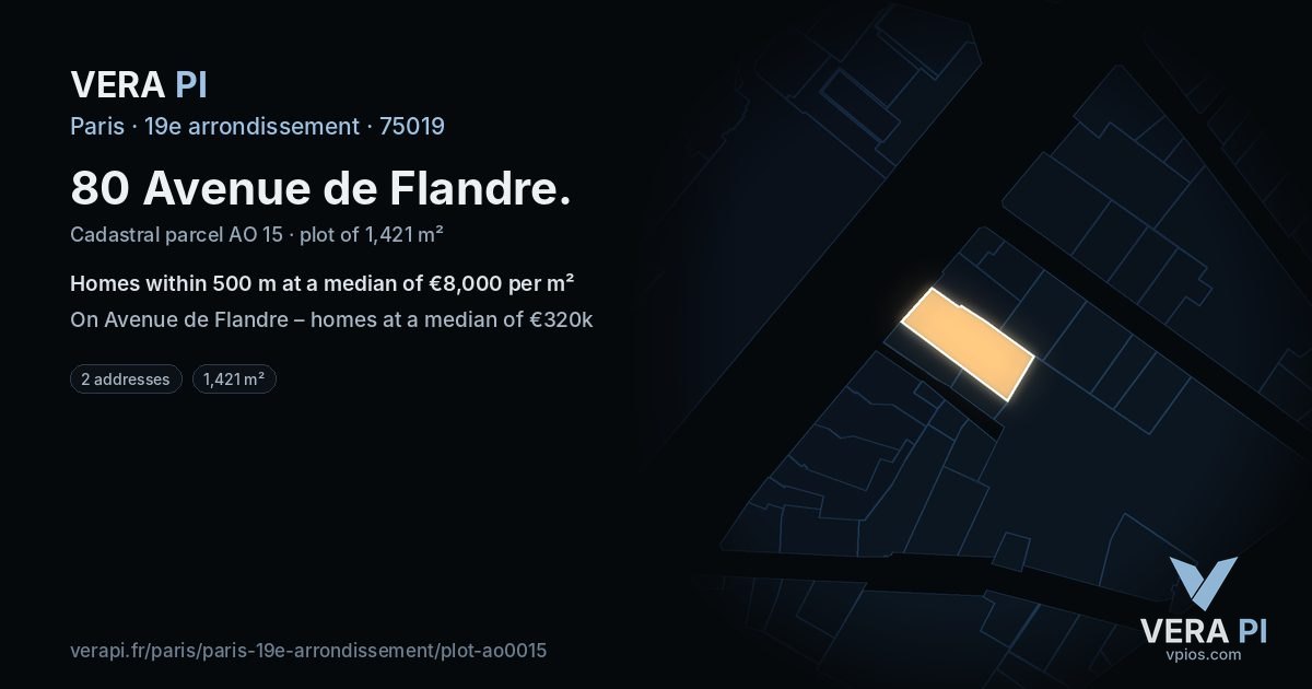 80 Avenue de Flandre, 19e arrondissement at night – the plot lit, the parcels around coloured by the prices near them