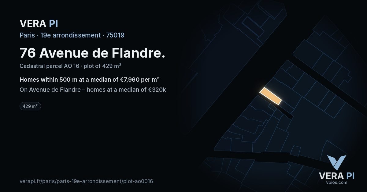 76 Avenue de Flandre, 19e arrondissement at night – the plot lit, the parcels around coloured by the prices near them