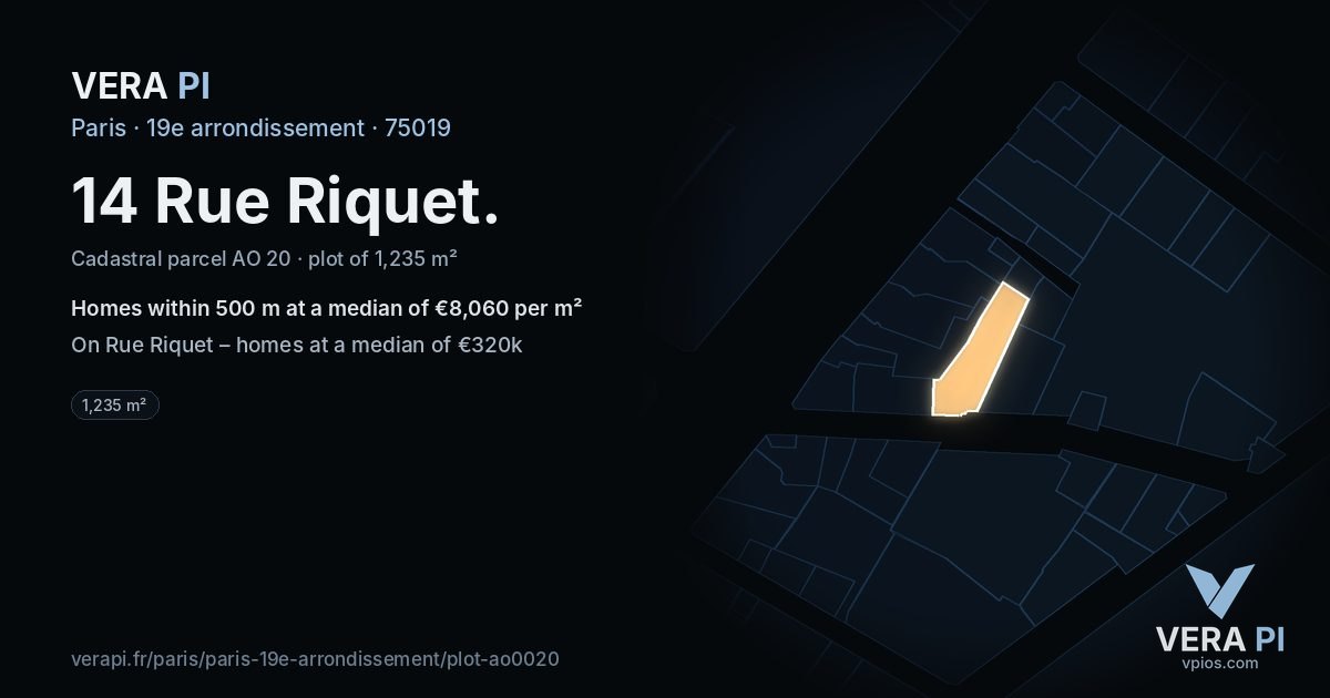 14 Rue Riquet, 19e arrondissement at night – the plot lit, the parcels around coloured by the prices near them