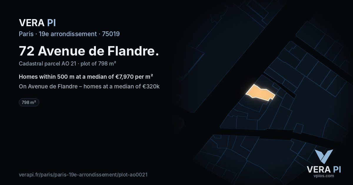 72 Avenue de Flandre, 19e arrondissement at night – the plot lit, the parcels around coloured by the prices near them