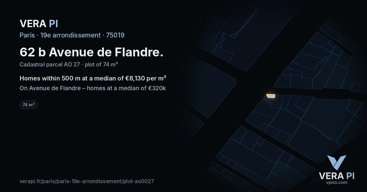 62 b Avenue de Flandre, 19e arrondissement at night – the plot lit, the parcels around coloured by the prices near them
