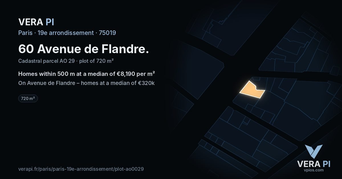 60 Avenue de Flandre, 19e arrondissement at night – the plot lit, the parcels around coloured by the prices near them