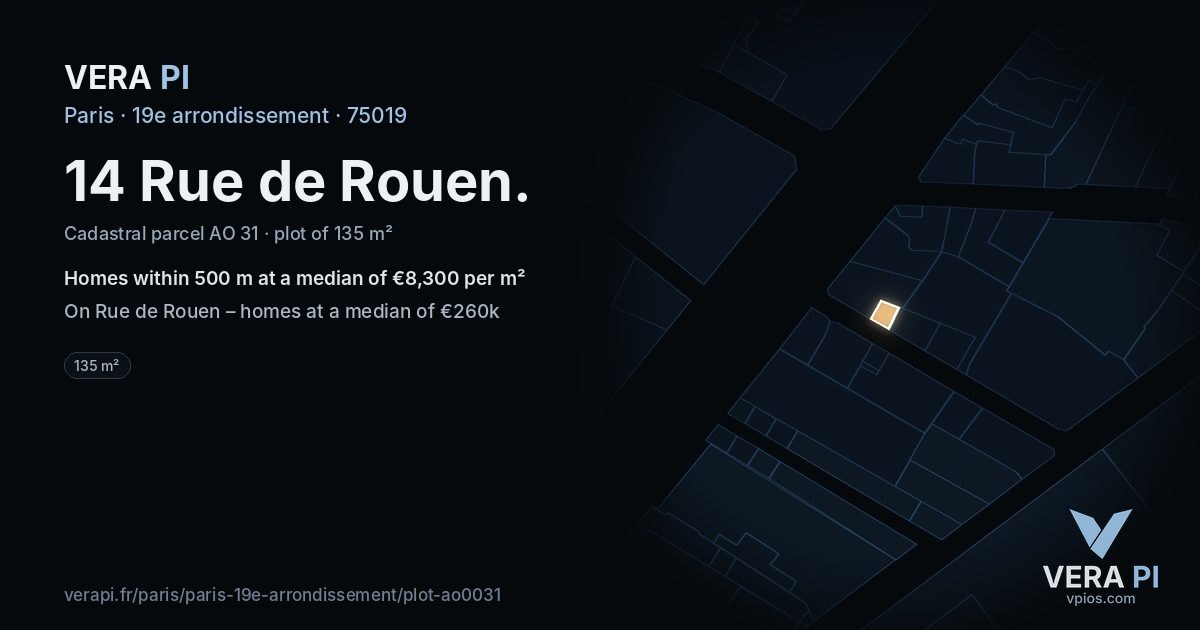 14 Rue de Rouen, 19e arrondissement at night – the plot lit, the parcels around coloured by the prices near them