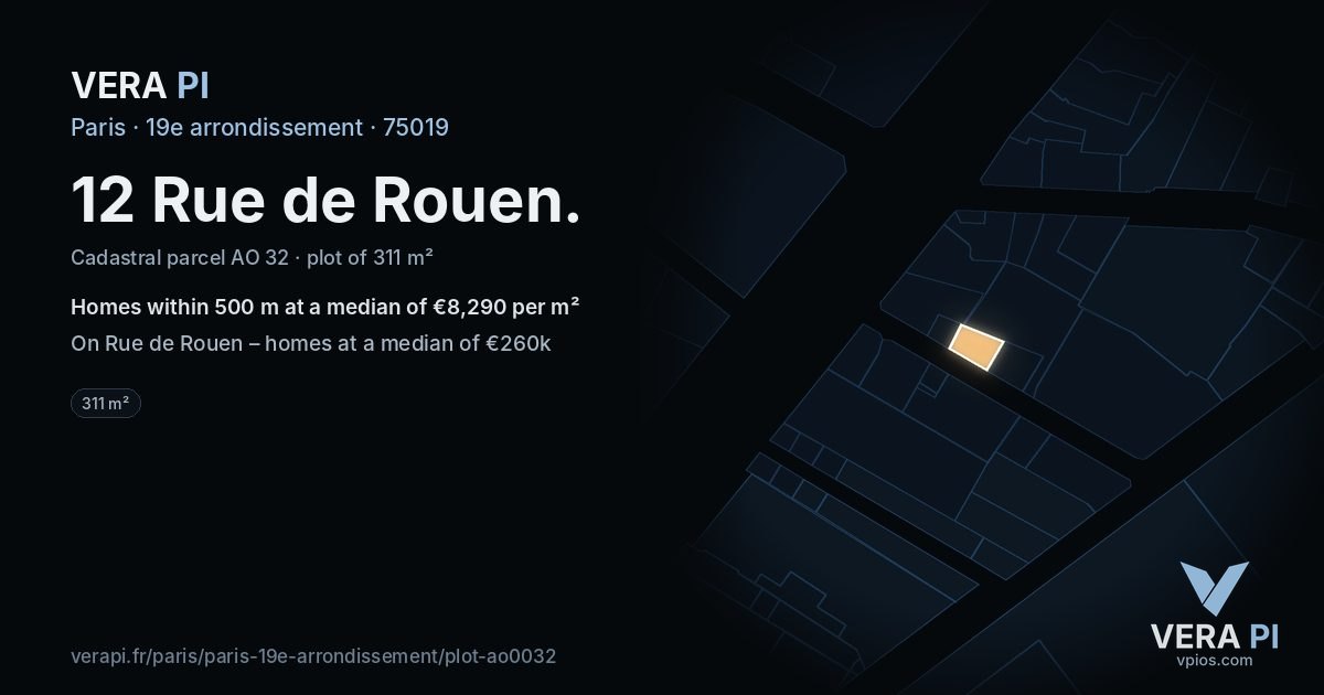 12 Rue de Rouen, 19e arrondissement at night – the plot lit, the parcels around coloured by the prices near them