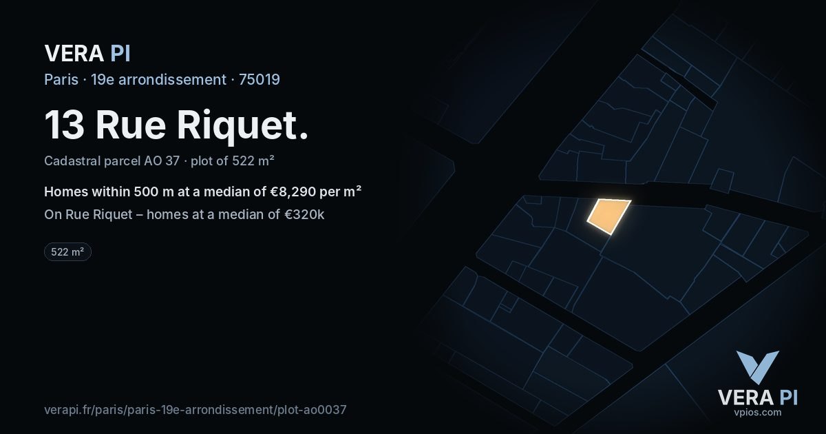 13 Rue Riquet, 19e arrondissement at night – the plot lit, the parcels around coloured by the prices near them