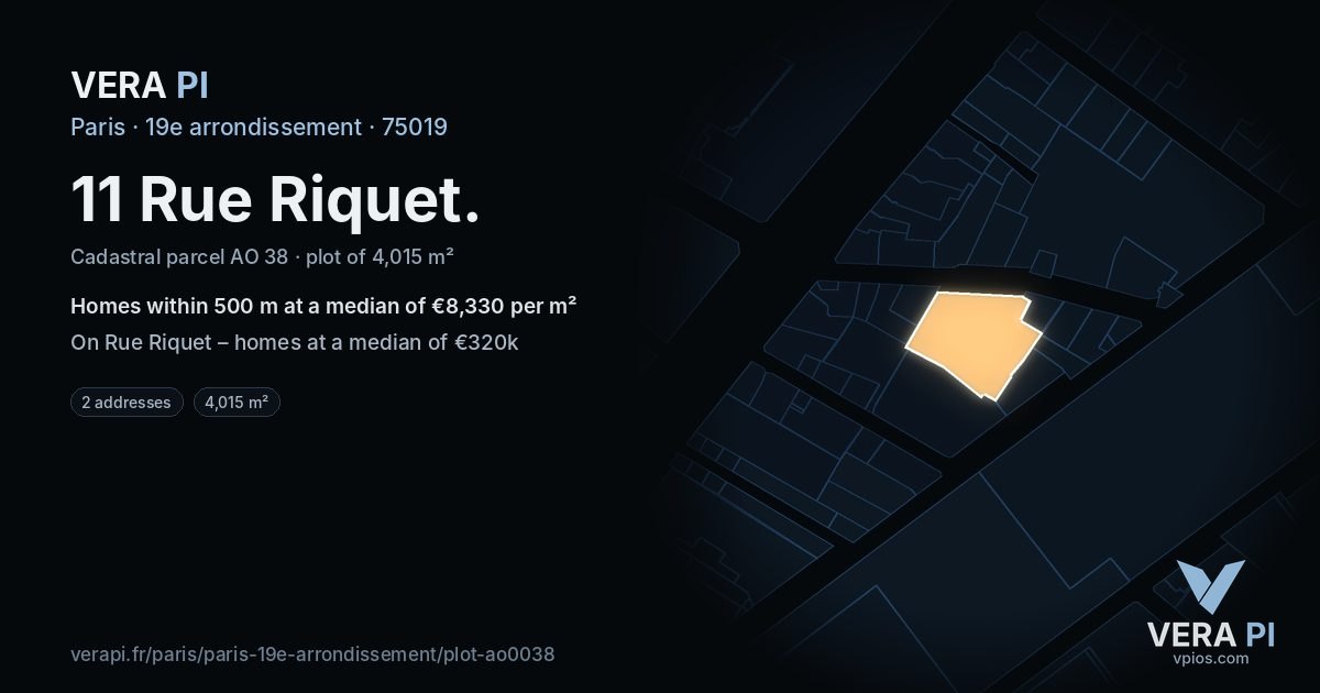 11 Rue Riquet, 19e arrondissement at night – the plot lit, the parcels around coloured by the prices near them
