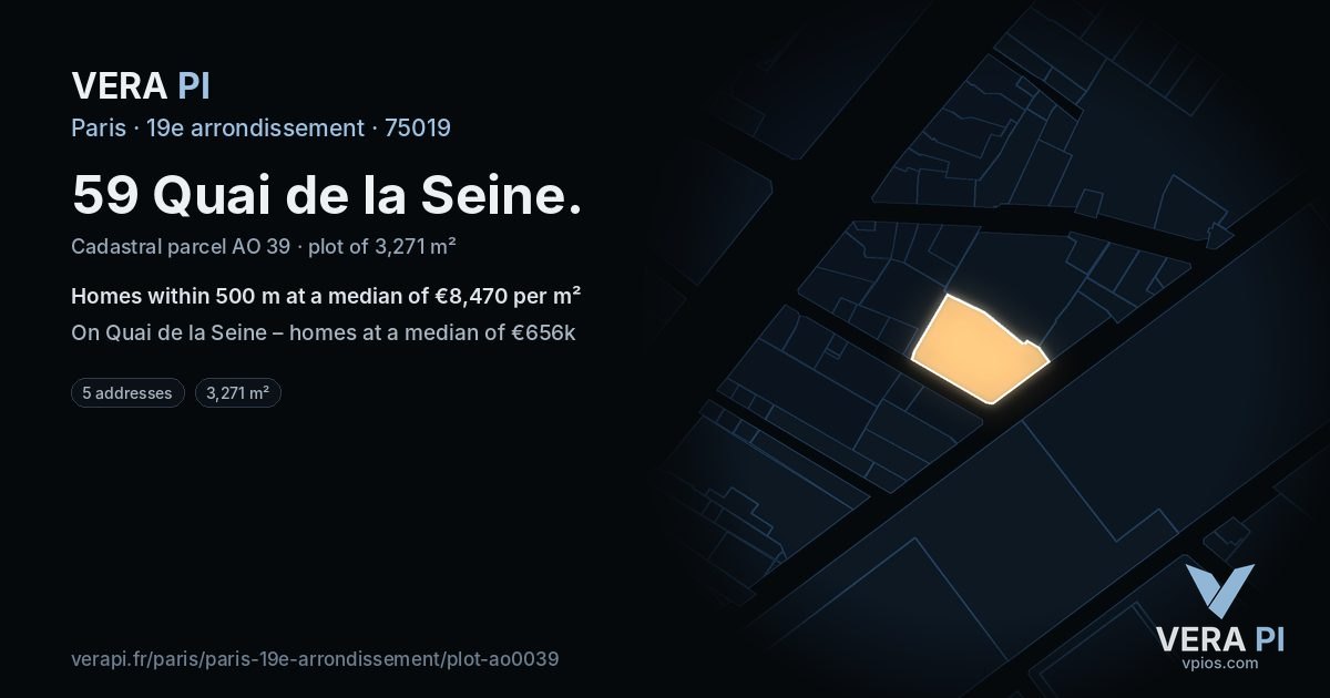 59 Quai de la Seine, 19e arrondissement at night – the plot lit, the parcels around coloured by the prices near them
