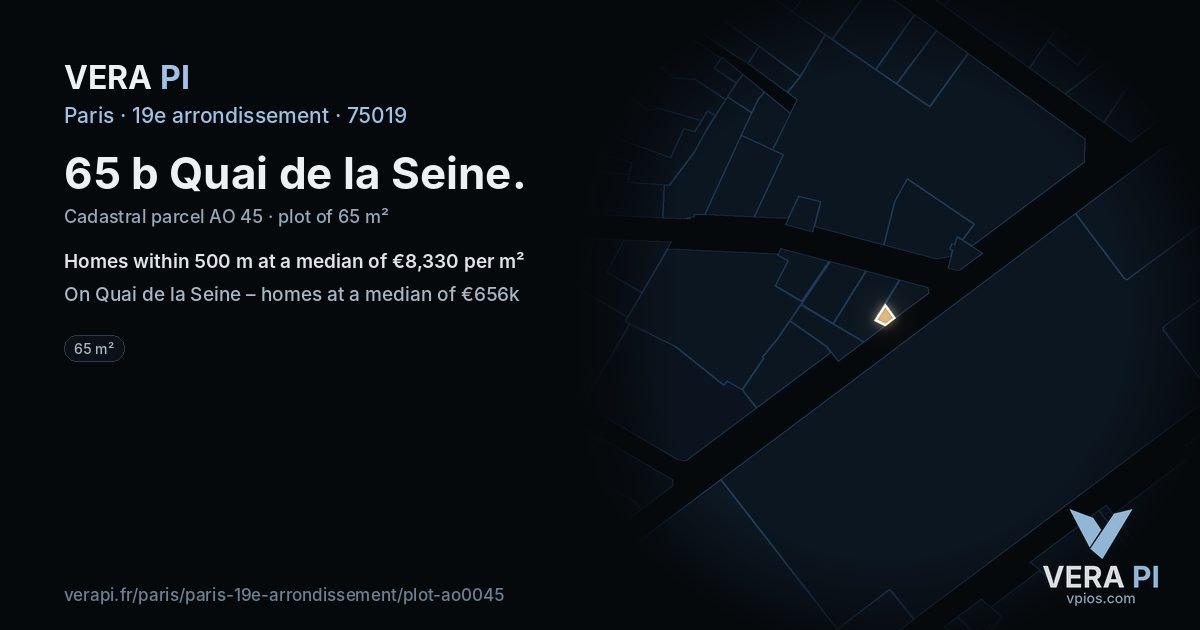 65 b Quai de la Seine, 19e arrondissement at night – the plot lit, the parcels around coloured by the prices near them