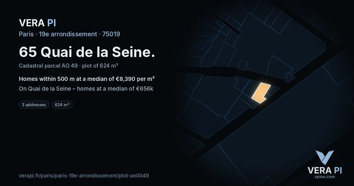 65 Quai de la Seine, 19e arrondissement at night – the plot lit, the parcels around coloured by the prices near them