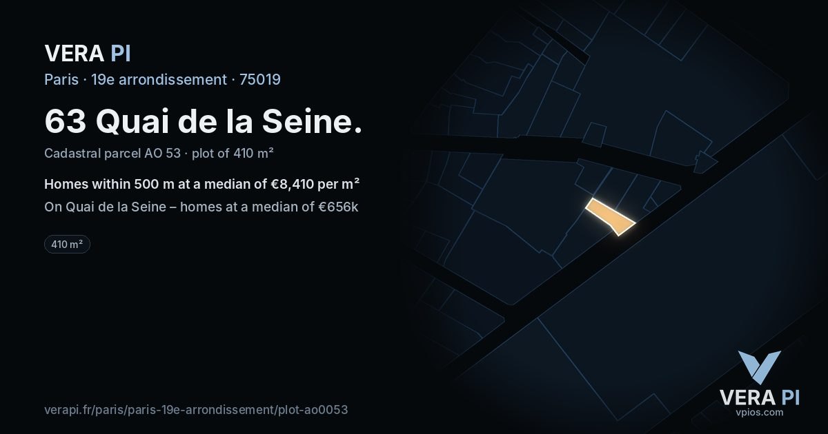 63 Quai de la Seine, 19e arrondissement at night – the plot lit, the parcels around coloured by the prices near them