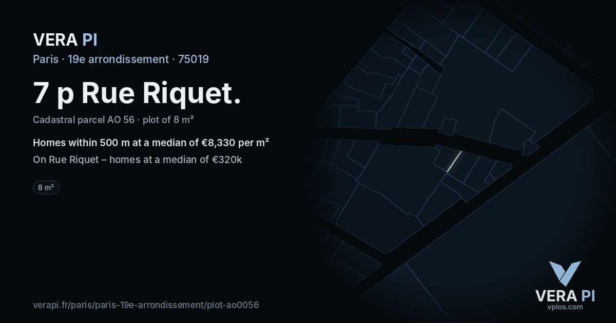 7 p Rue Riquet, 19e arrondissement at night – the plot lit, the parcels around coloured by the prices near them