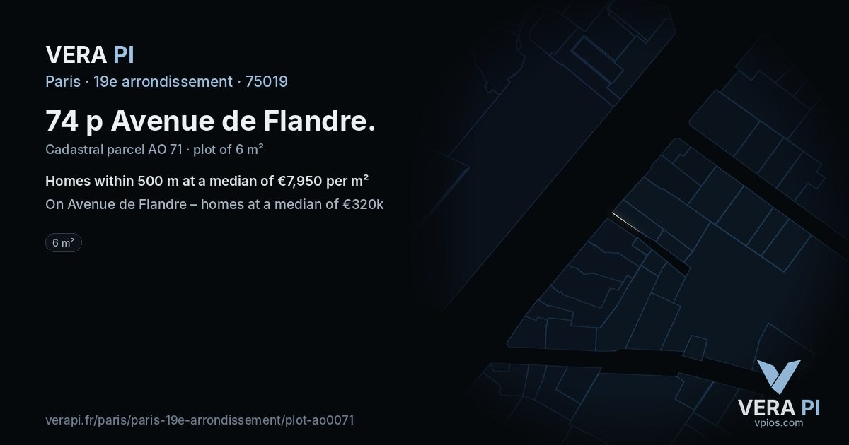 74 p Avenue de Flandre, 19e arrondissement at night – the plot lit, the parcels around coloured by the prices near them