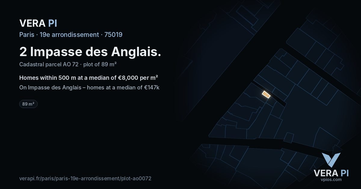 2 Impasse des Anglais, 19e arrondissement at night – the plot lit, the parcels around coloured by the prices near them