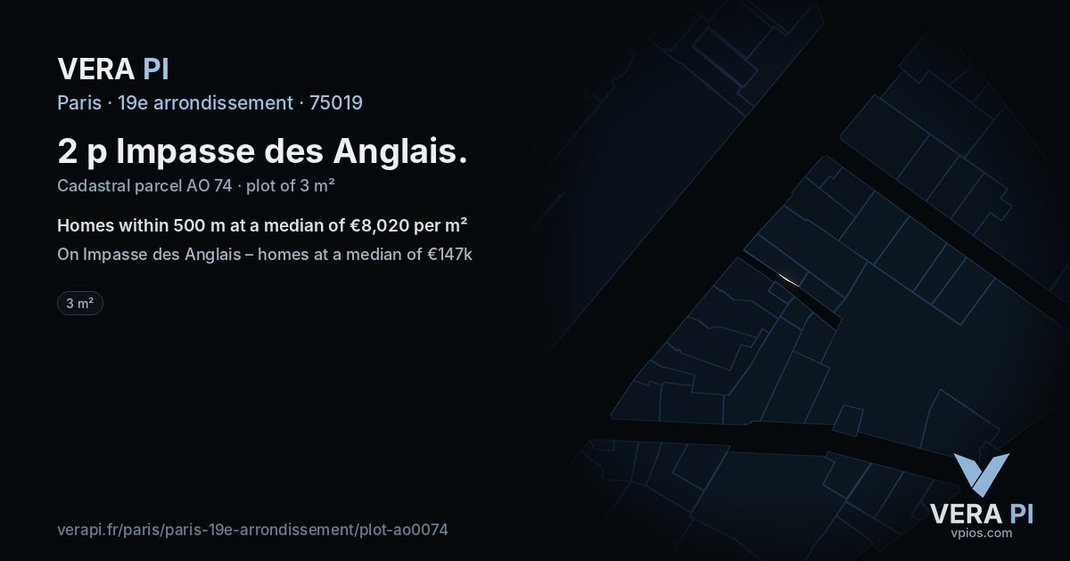 2 p Impasse des Anglais, 19e arrondissement at night – the plot lit, the parcels around coloured by the prices near them