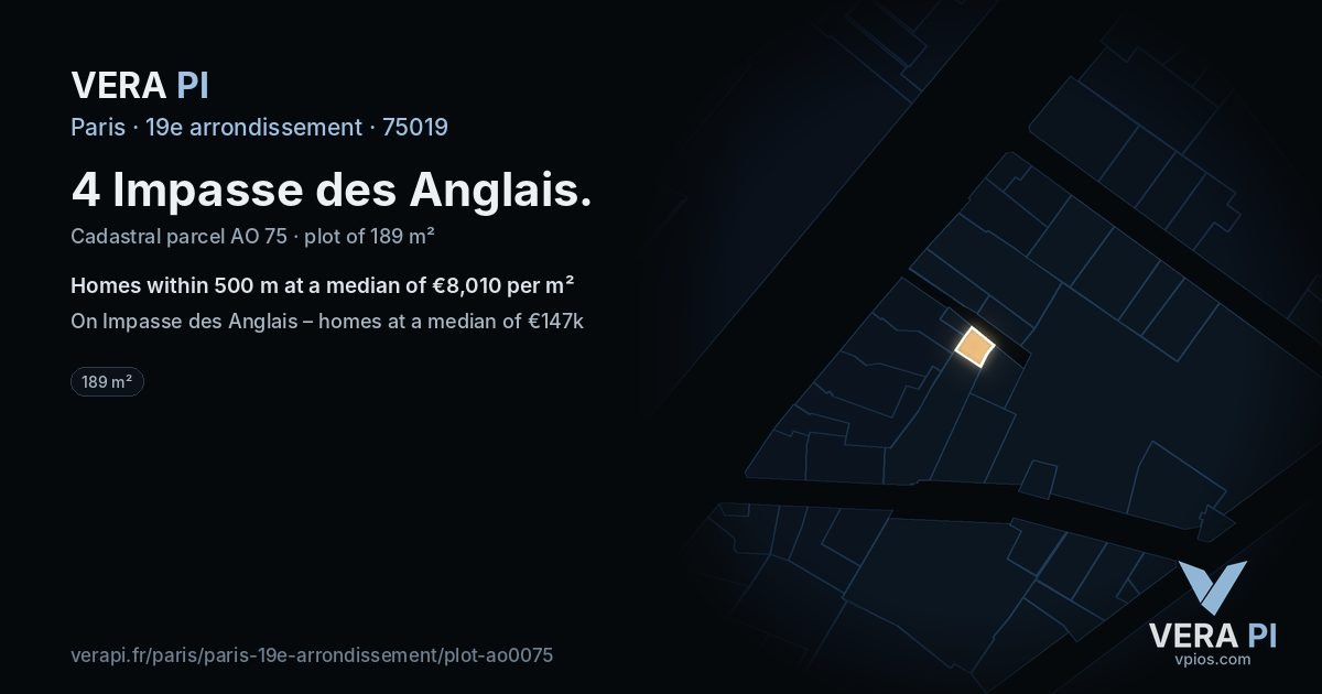 4 Impasse des Anglais, 19e arrondissement at night – the plot lit, the parcels around coloured by the prices near them