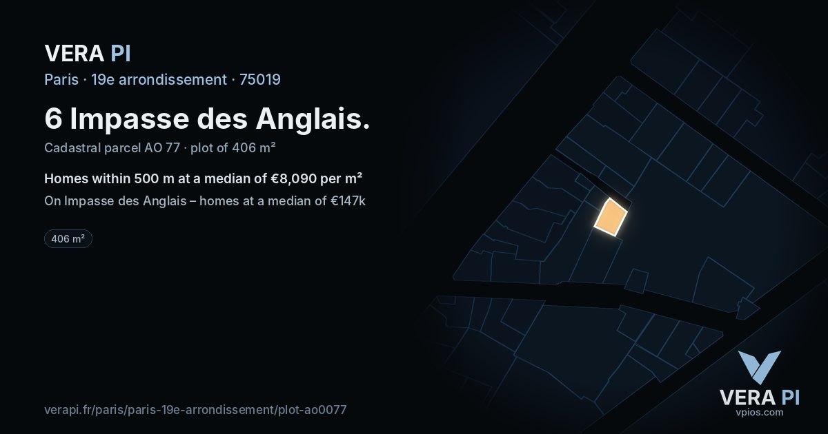 6 Impasse des Anglais, 19e arrondissement at night – the plot lit, the parcels around coloured by the prices near them