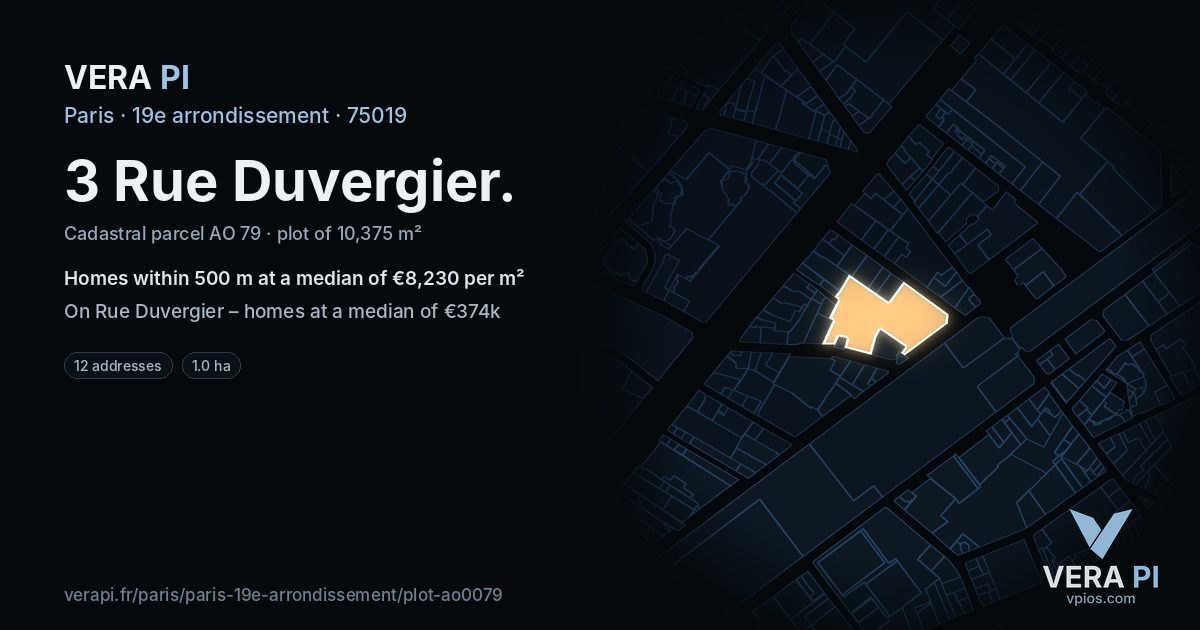 3 Rue Duvergier, 19e arrondissement at night – the plot lit, the parcels around coloured by the prices near them