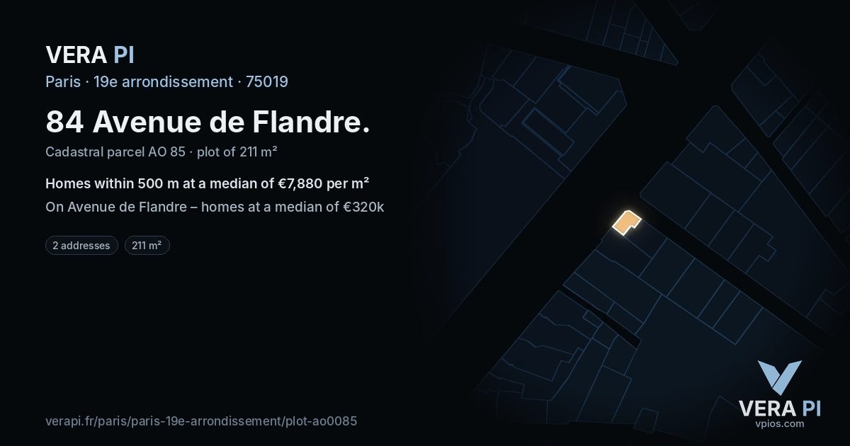 84 Avenue de Flandre, 19e arrondissement at night – the plot lit, the parcels around coloured by the prices near them