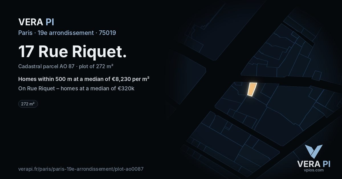 17 Rue Riquet, 19e arrondissement at night – the plot lit, the parcels around coloured by the prices near them