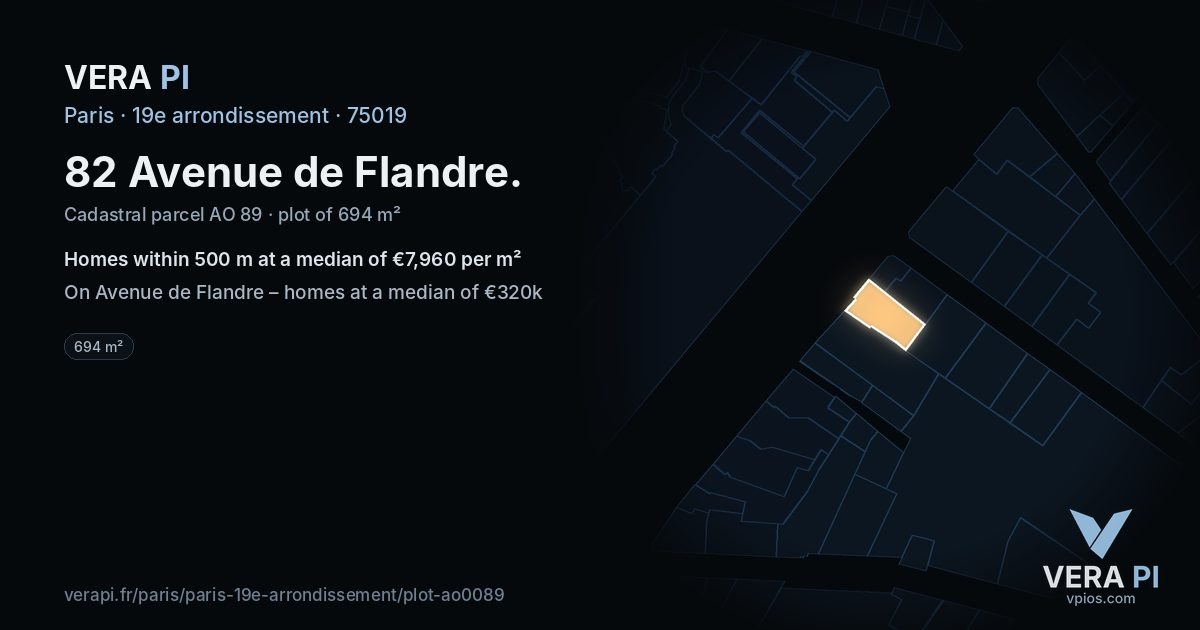 82 Avenue de Flandre, 19e arrondissement at night – the plot lit, the parcels around coloured by the prices near them