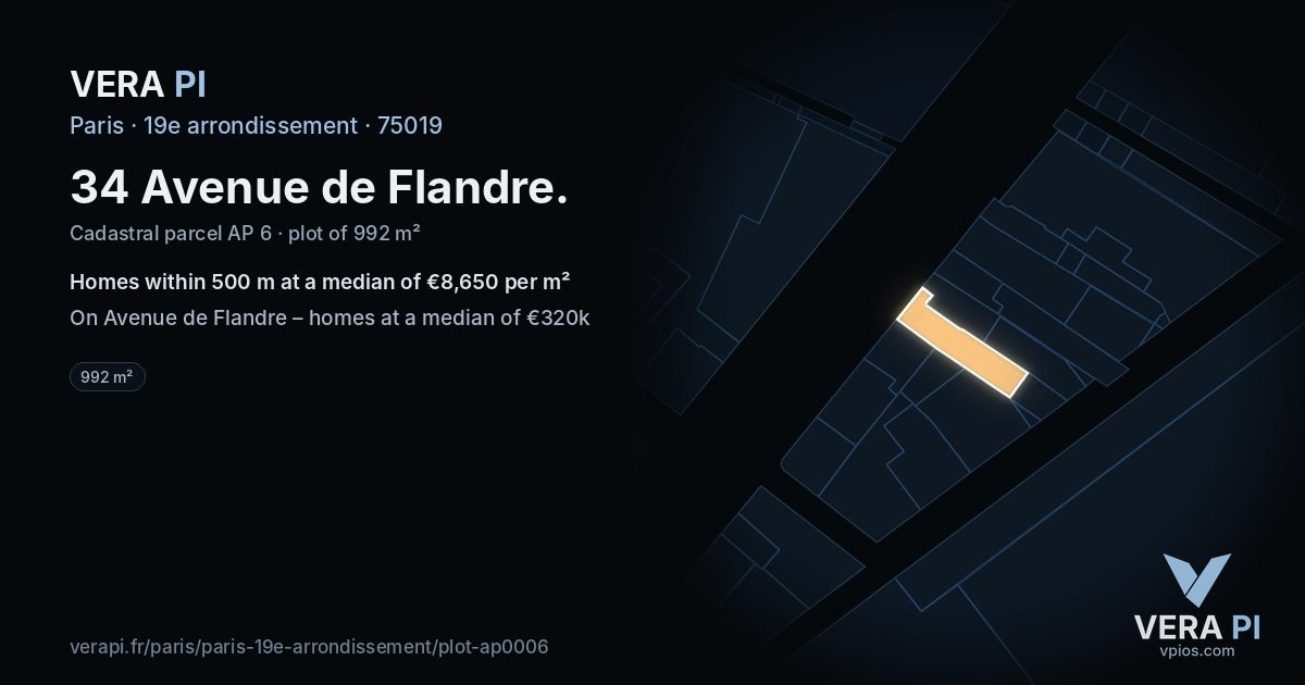 34 Avenue de Flandre, 19e arrondissement at night – the plot lit, the parcels around coloured by the prices near them