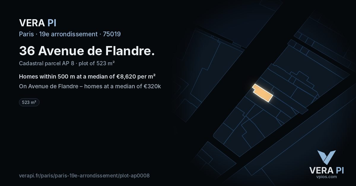 36 Avenue de Flandre, 19e arrondissement at night – the plot lit, the parcels around coloured by the prices near them