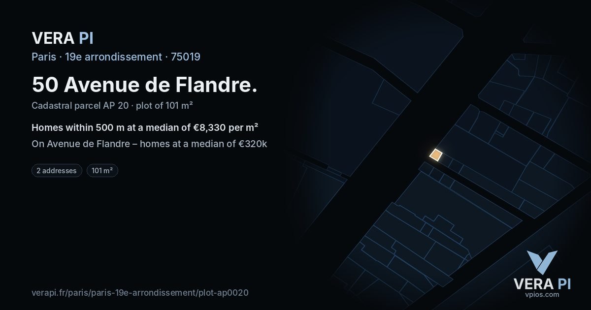 50 Avenue de Flandre, 19e arrondissement at night – the plot lit, the parcels around coloured by the prices near them