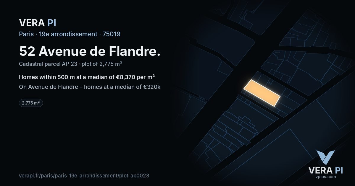 52 Avenue de Flandre, 19e arrondissement at night – the plot lit, the parcels around coloured by the prices near them