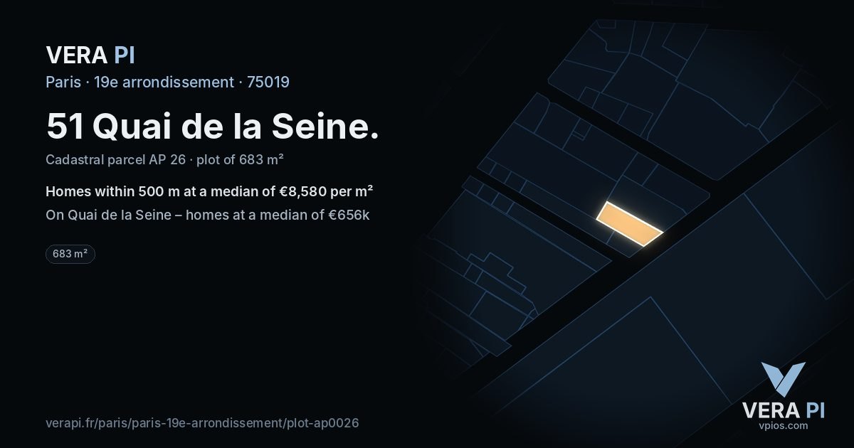 51 Quai de la Seine, 19e arrondissement at night – the plot lit, the parcels around coloured by the prices near them