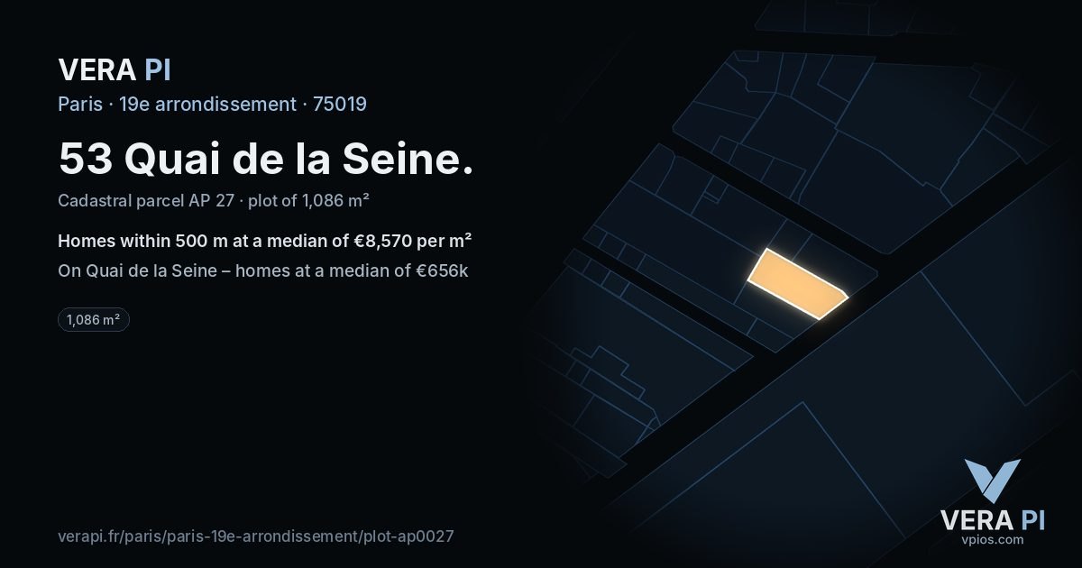 53 Quai de la Seine, 19e arrondissement at night – the plot lit, the parcels around coloured by the prices near them
