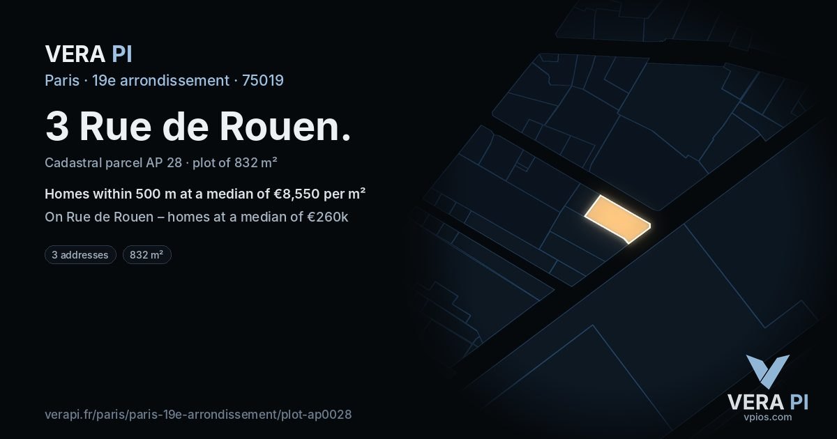 3 Rue de Rouen, 19e arrondissement at night – the plot lit, the parcels around coloured by the prices near them