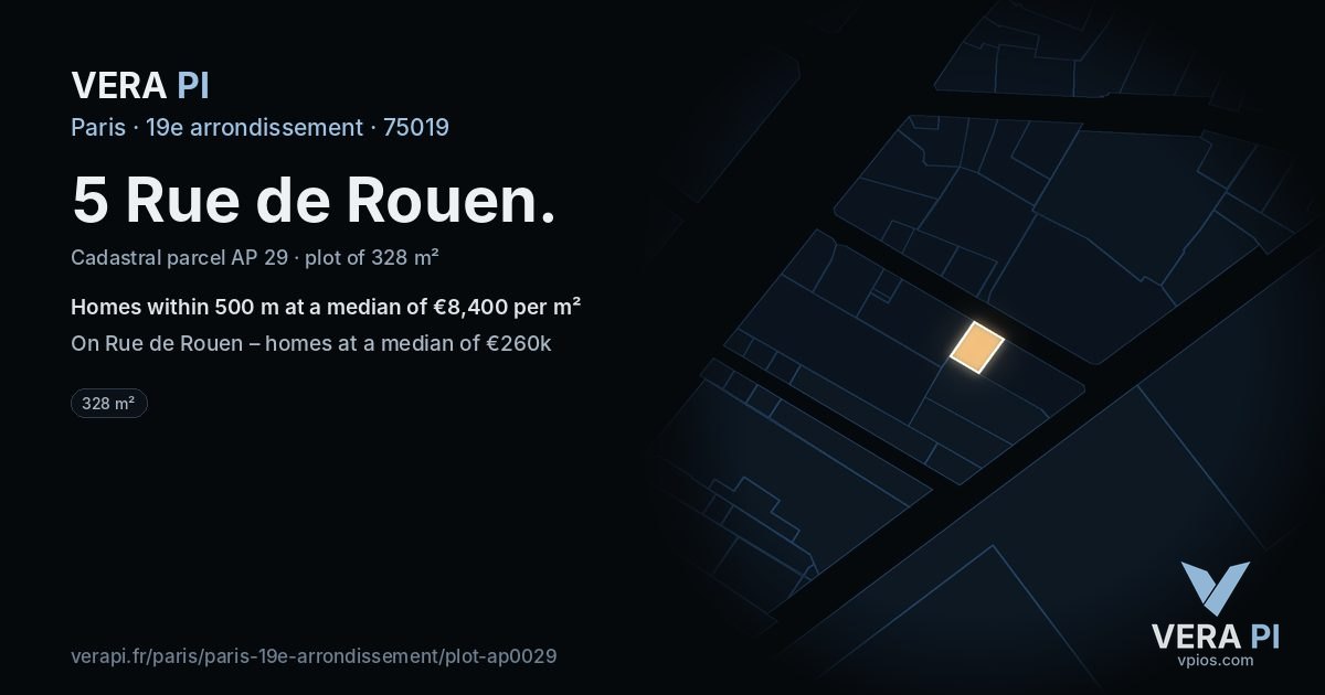 5 Rue de Rouen, 19e arrondissement at night – the plot lit, the parcels around coloured by the prices near them