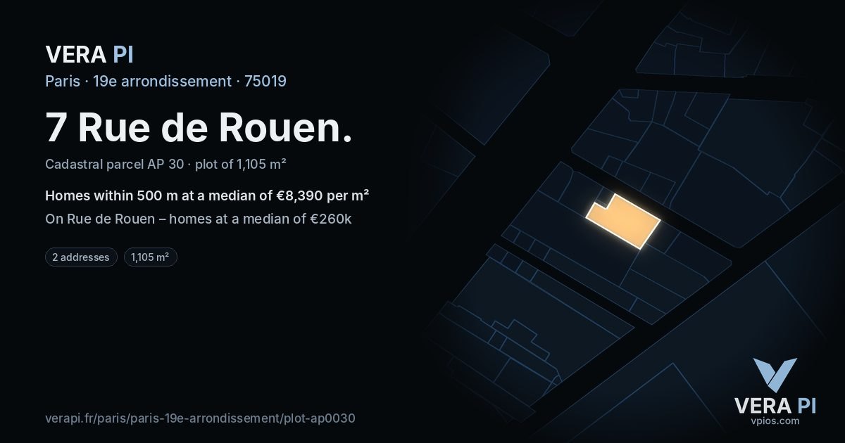 7 Rue de Rouen, 19e arrondissement at night – the plot lit, the parcels around coloured by the prices near them