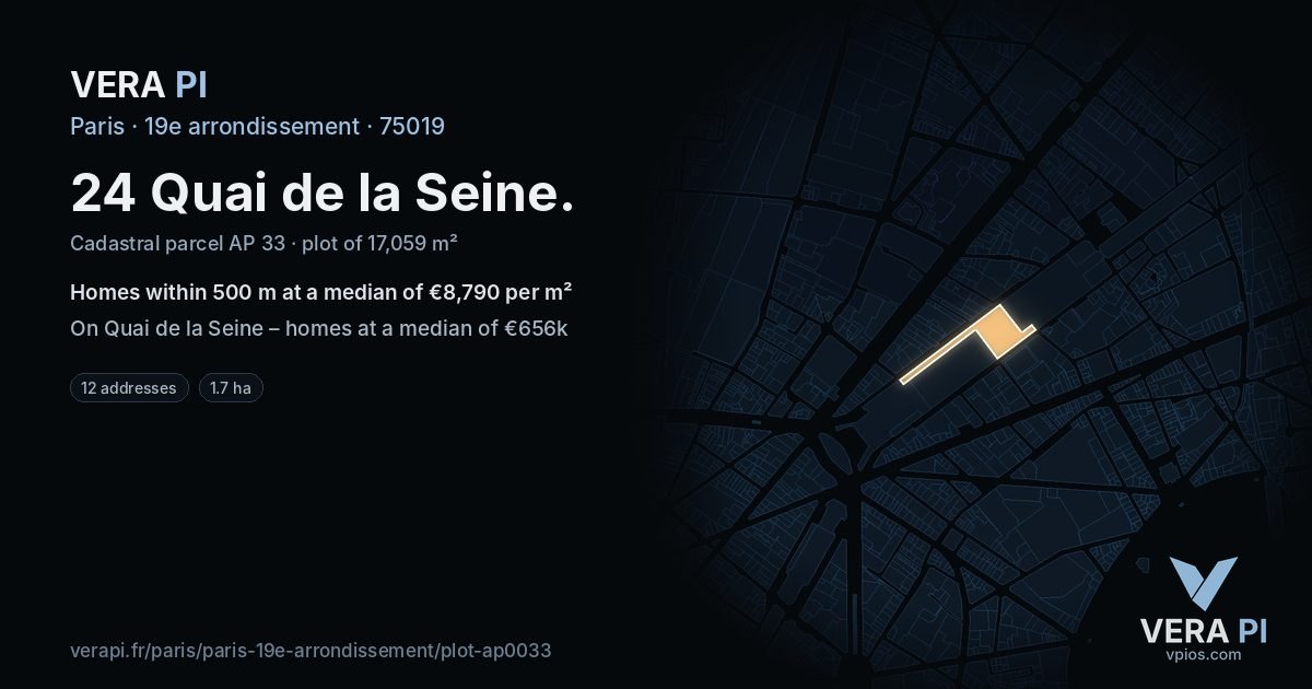 24 Quai de la Seine, 19e arrondissement at night – the plot lit, the parcels around coloured by the prices near them
